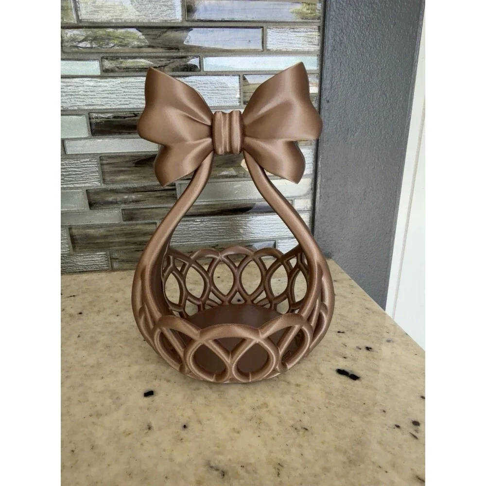 Decorative Bronze Plastic Basket with Bow Ribbon Accent Elegant Home Decor
